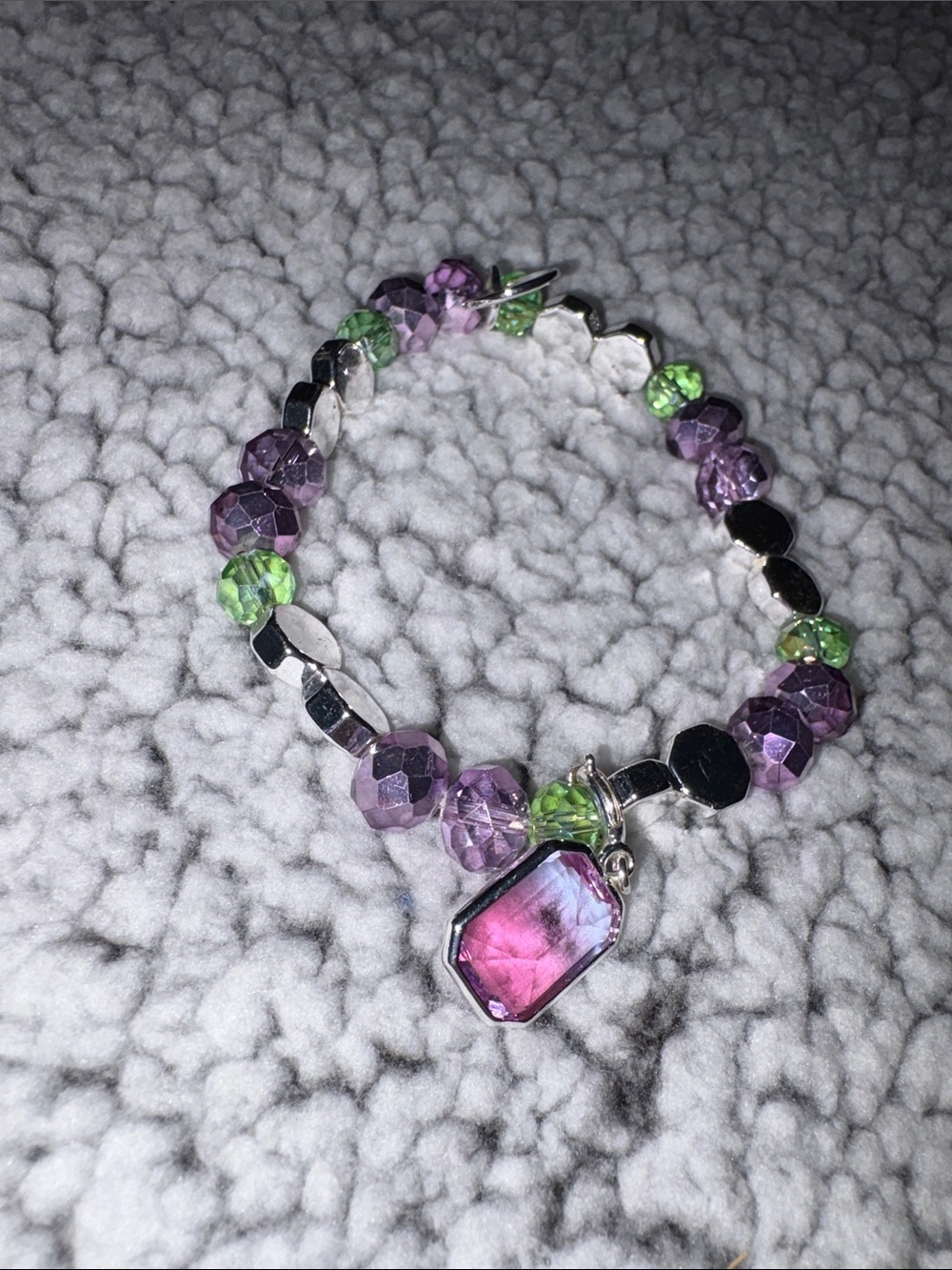 bp Purple and Green Faceted Crystal Bracelet with Pink Accent Charm
